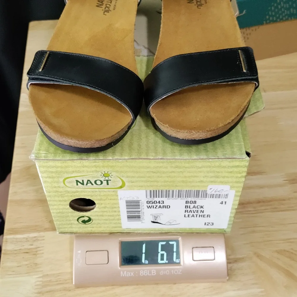 Naot Black Leather Wedge Sandals Womens 41 L10 Ankle Strap Made in Israel